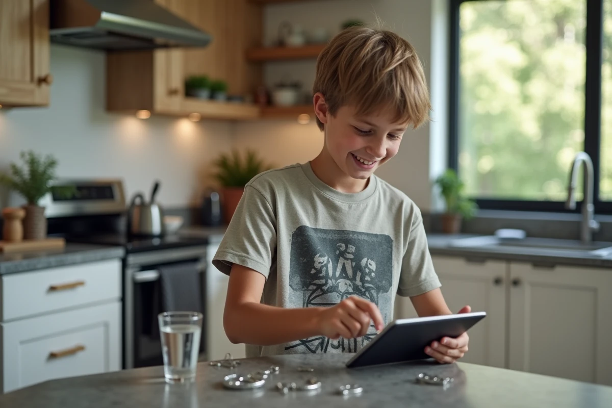 Adolescent jouant à un jeu de paper clips sur une tablette en cuisine