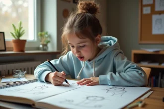 Adolescente dessinant un Mew sur papier à son bureau en bois, entourée de croquis et d'un carnet de dessin ouvert
