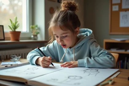 Adolescente dessinant un Mew sur papier à son bureau en bois, entourée de croquis et d'un carnet de dessin ouvert