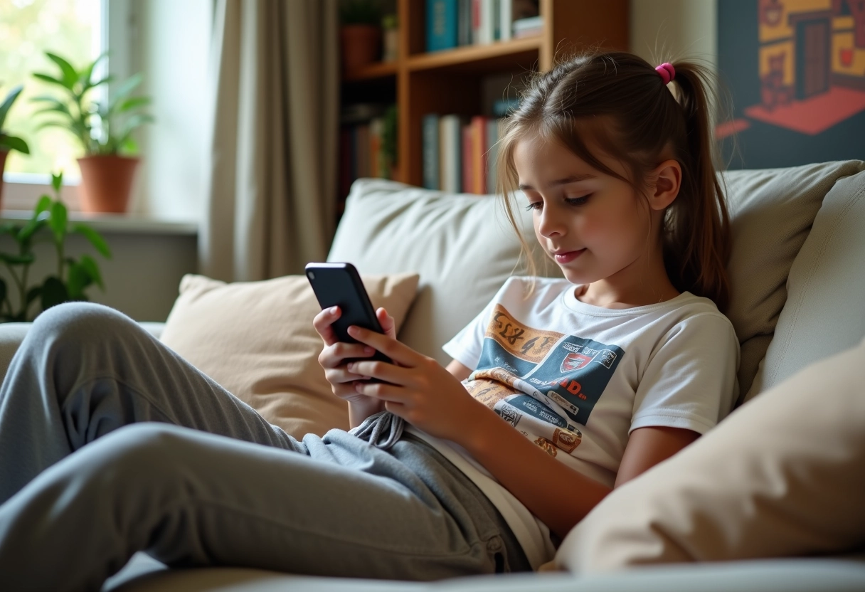 Adolescente détendue jouant à Clash of Clans sur smartphone dans le salon