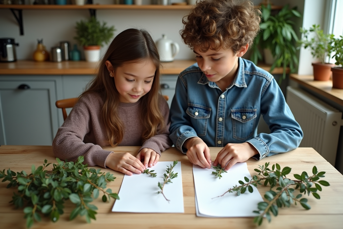 Adolescents préparant branches de houx et mistletoe