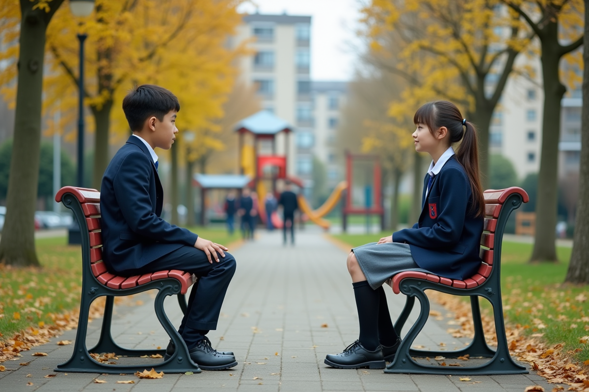 Deux adolescents assis sur un banc dans un parc en ville