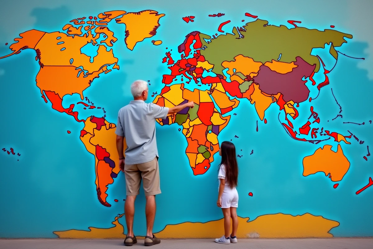 Homme et jeune fille regardant un mur avec carte du monde