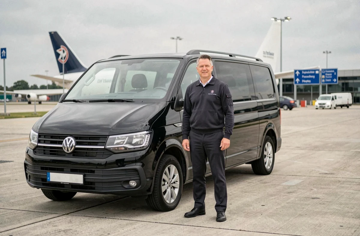 Chauffeur Alsace Transfert en uniforme devant un Volkswagen Caravelle noir sur le tarmac de l'aéroport de Strasbourg