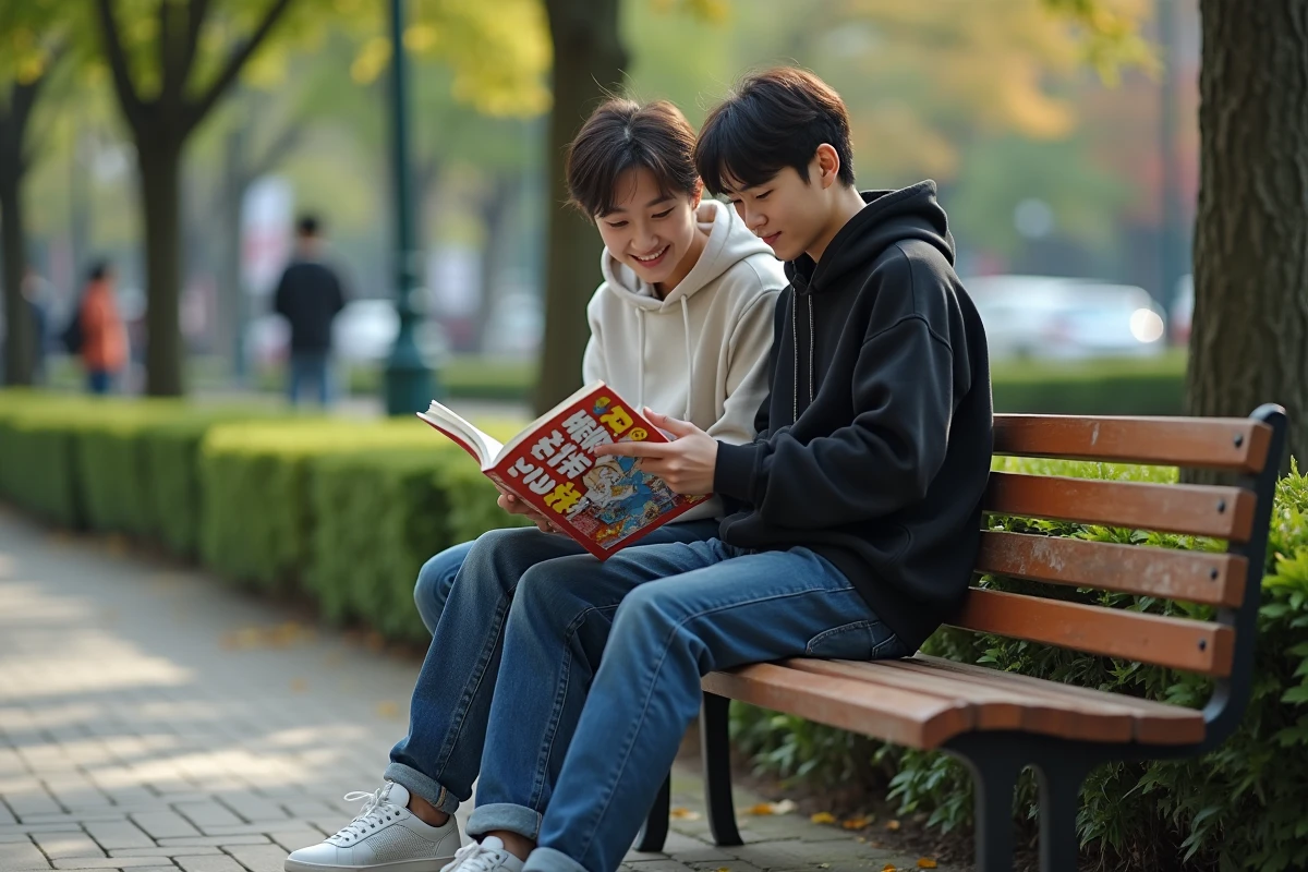 Deux amis adultes lisant ensemble un manga dans un parc urbain partageant un volume de One Punch Man