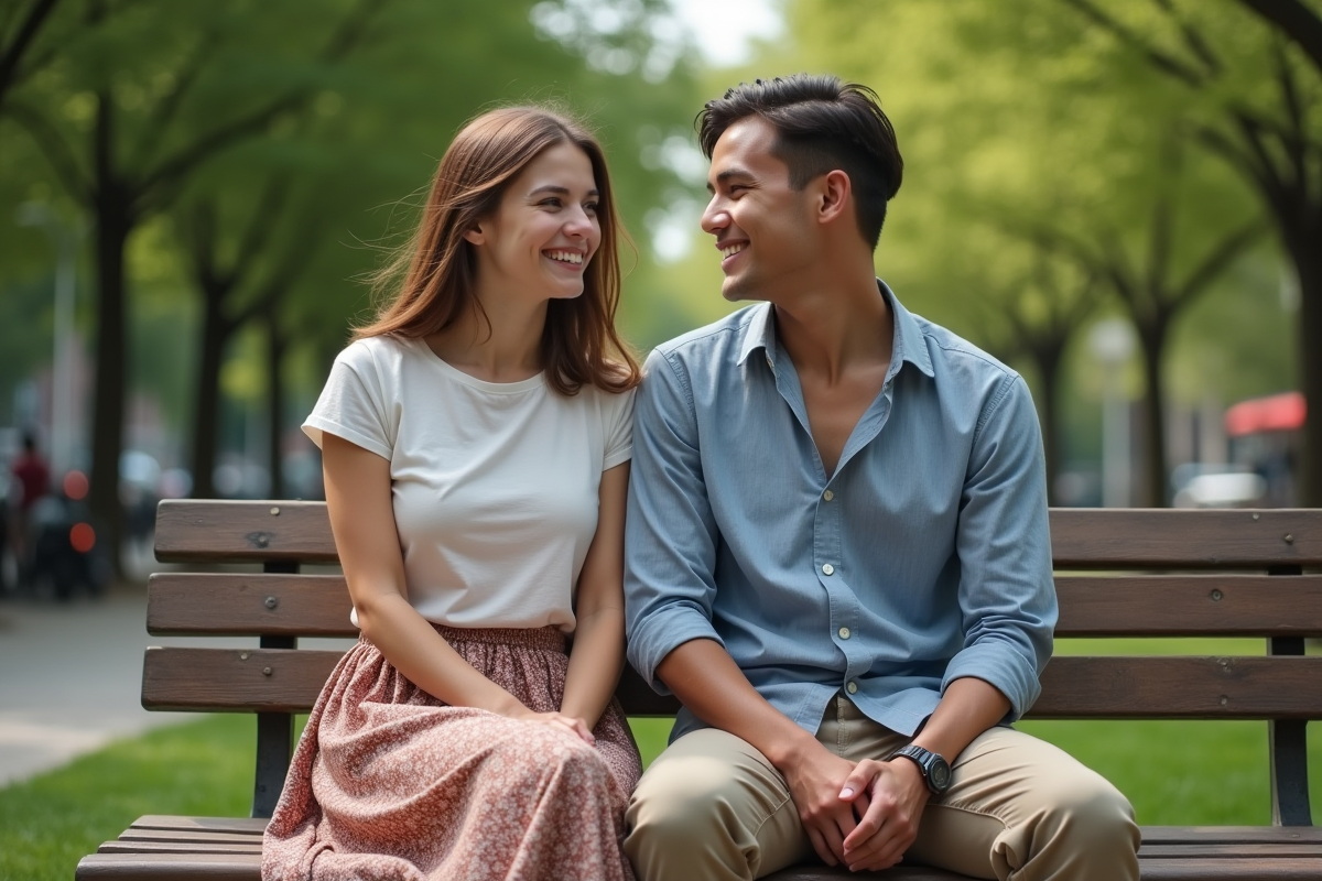 Deux amis assis sur un banc dans un parc urbain ensoleille