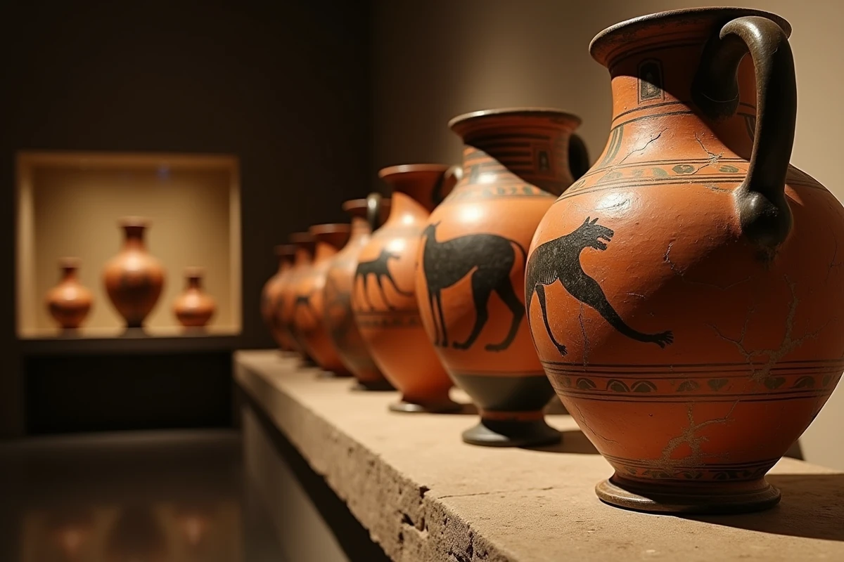 Amphores grecques antiques et figurines en bronze illustrant les douze travaux d'Hercule dans un musée archéologique