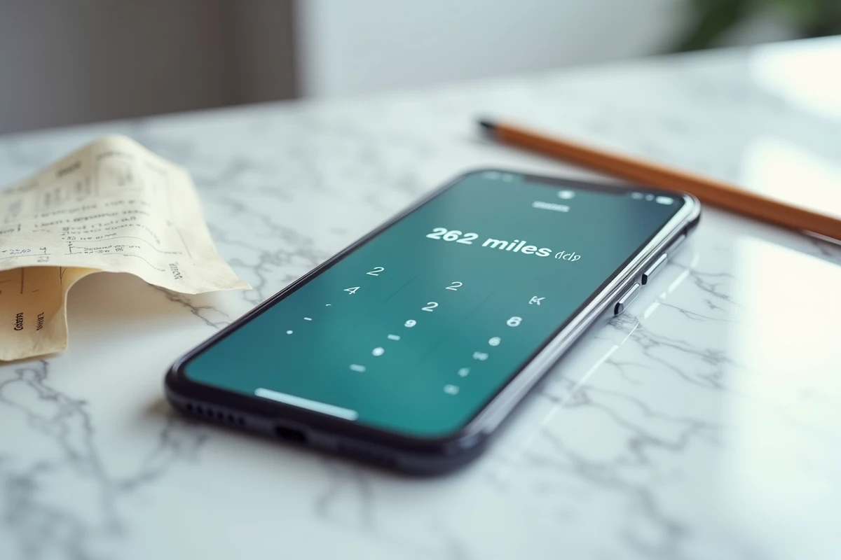 Gros plan d'un smartphone affichant une application de conversion de miles en kilomètres sur un comptoir en marbre blanc