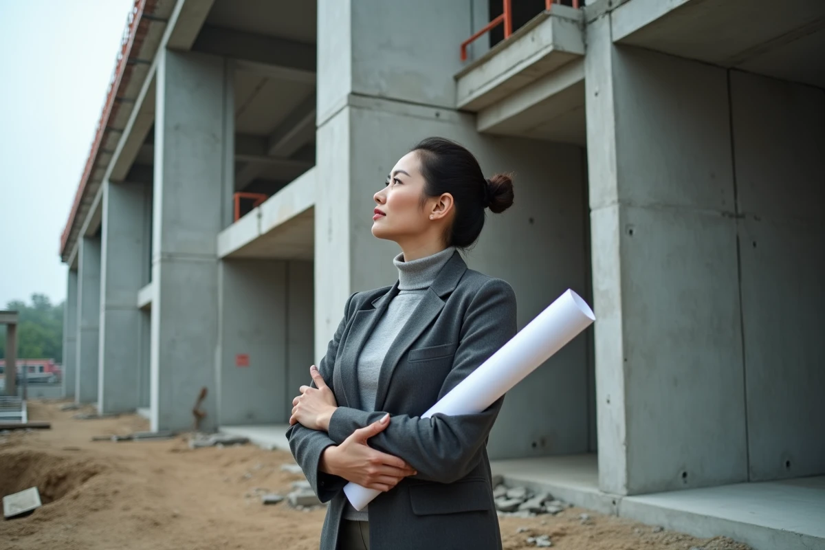 Architecte femme inspectant la structure en béton d'un franchassis sur un chantier de construction