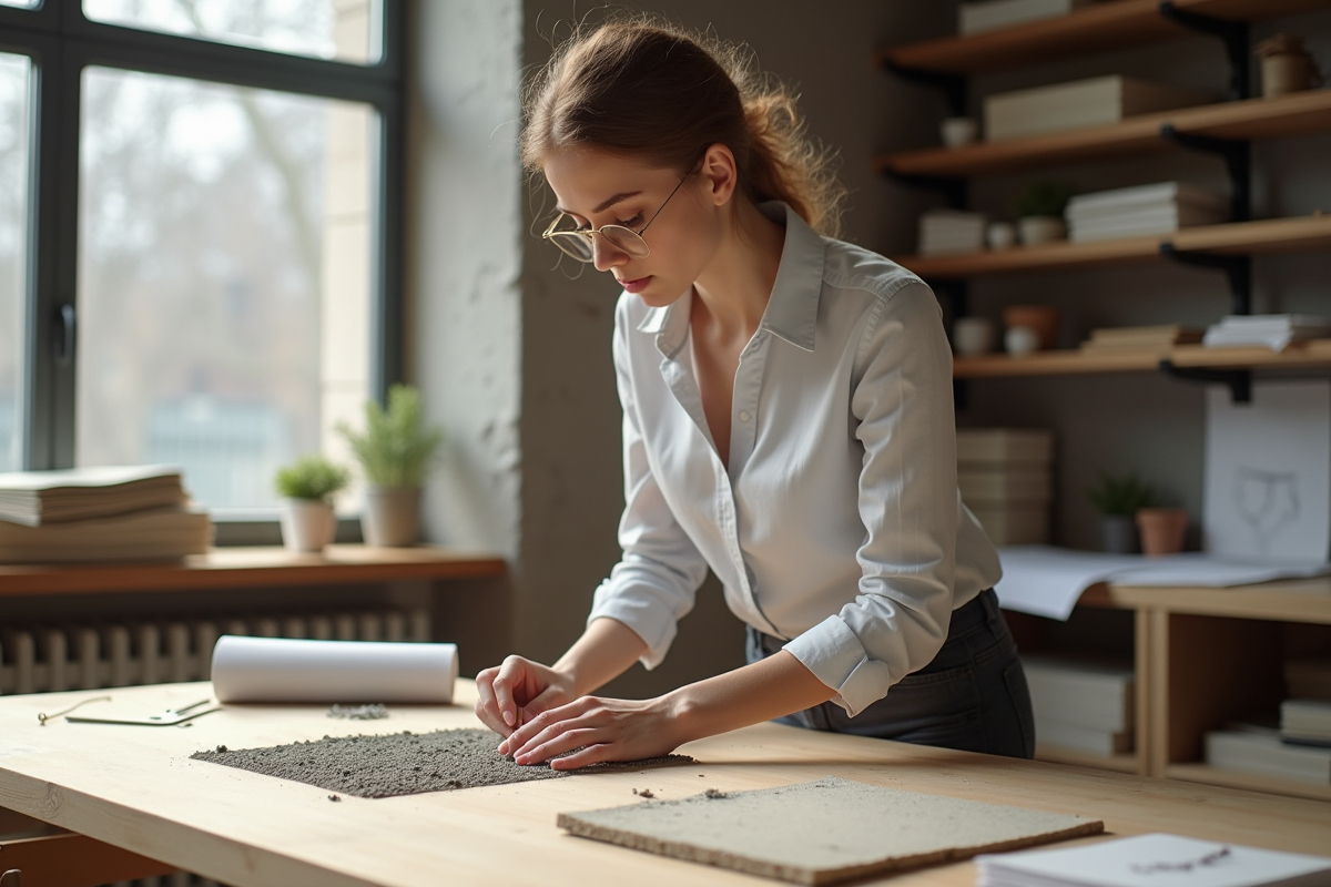 Jeune architecte examinant des échantillons de lime et ciment