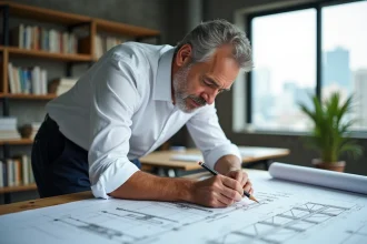 Architecte professionnel étudiant des plans de franchassis structuraux sur une table à dessin en studio