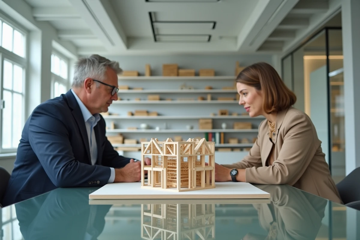 Deux architectes collaborant sur une maquette de franchassis structurel lors d'une réunion professionnelle