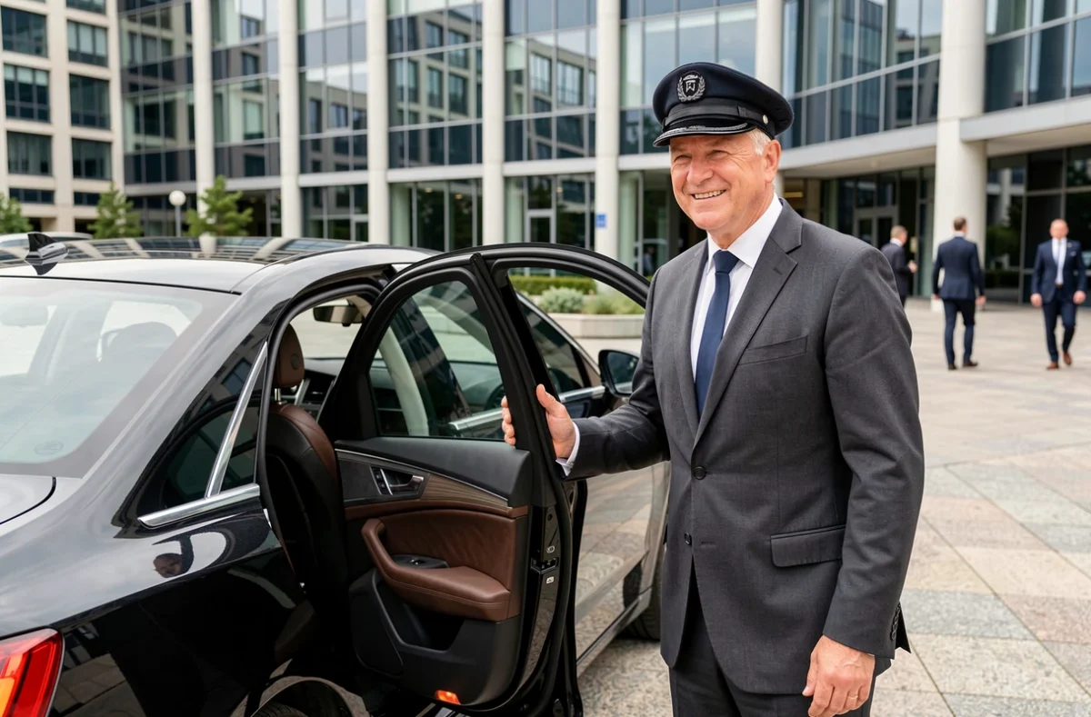Chauffeur ARM VTC en costume gris ouvrant la portière d'une Audi A8 noire dans le quartier d'affaires de Metz