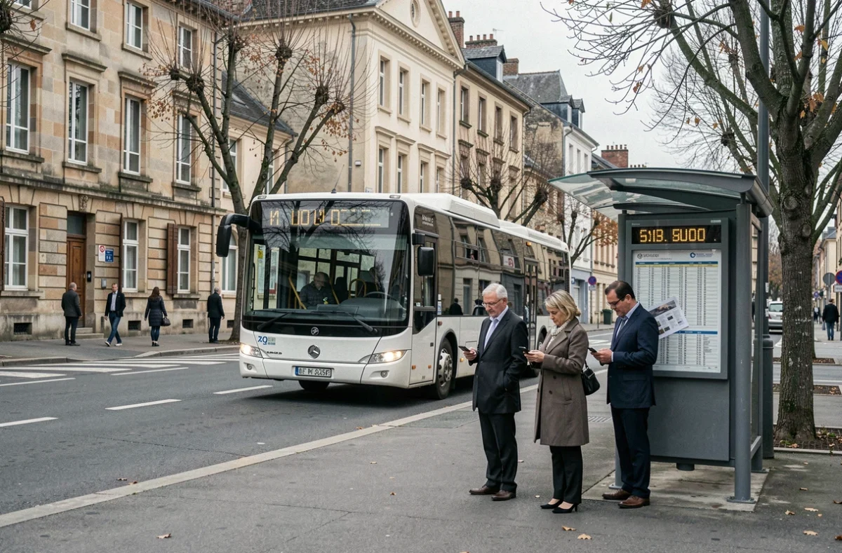 Arrêt de bus à Sarreguemines avec des navetteurs attendant le bus du matin pour aller travailler