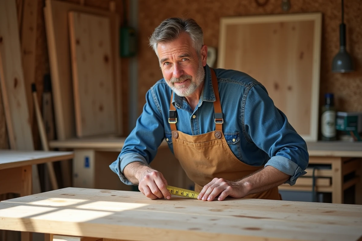 Artisan menuisier mesurant une planche de bois