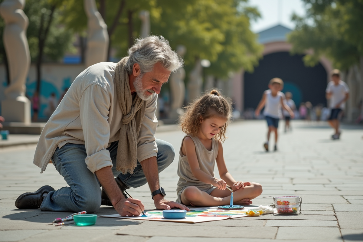 Artiste et enfants en plein air dans un parc urbain