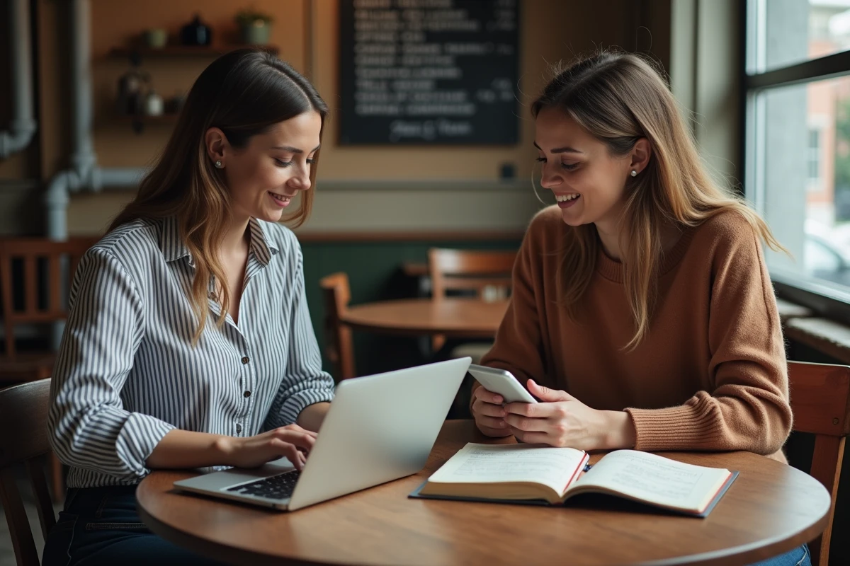 Deux associées analysant les résultats d'une campagne marketing digitale sur ordinateur et smartphone dans un café