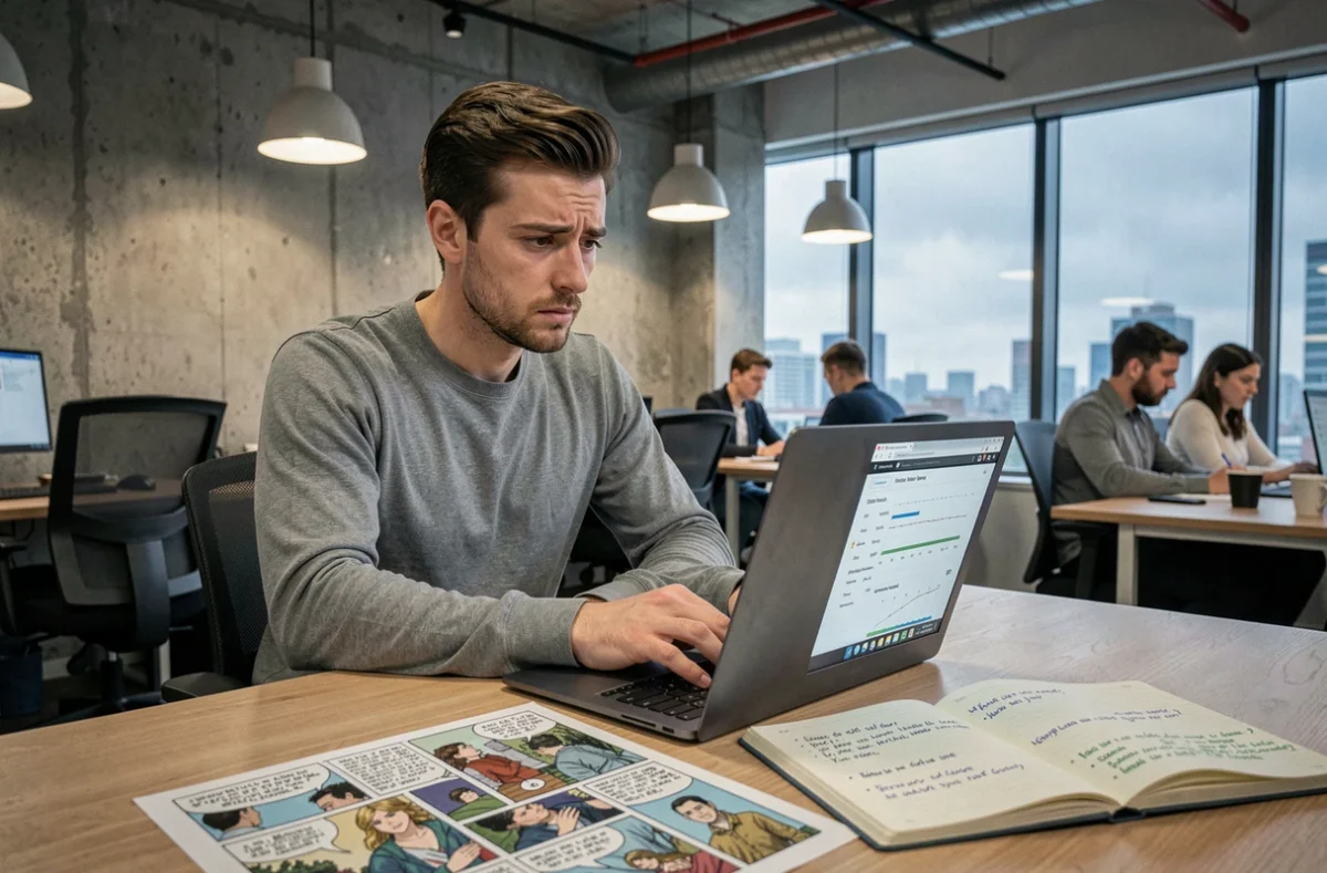 Auteur de webtoon analysant les statistiques de lecture de sa série sur ordinateur portable dans un espace de coworking créatif