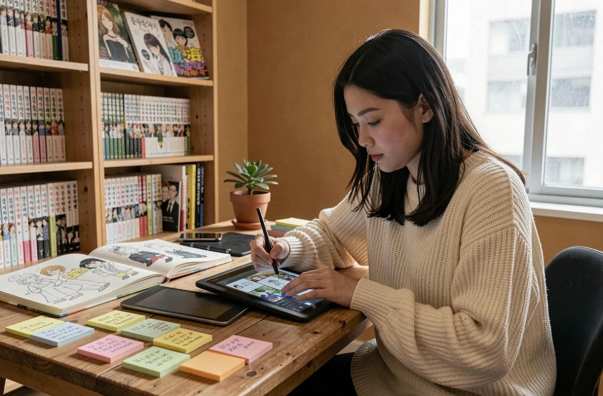 Jeune auteure de webtoon dessinant sur tablette graphique dans son studio créatif à domicile, entourée de carnets de croquis et de références artistiques