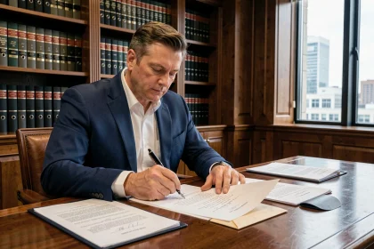 Avocat rédigeant une lettre de mise en demeure formelle à son bureau en bois avec documents juridiques et enveloppe cachetée
