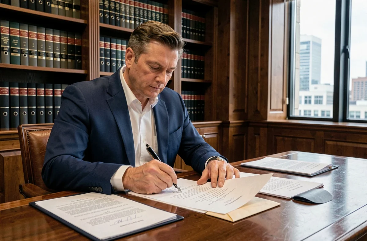Avocat rédigeant une lettre de mise en demeure formelle à son bureau en bois avec documents juridiques et enveloppe cachetée