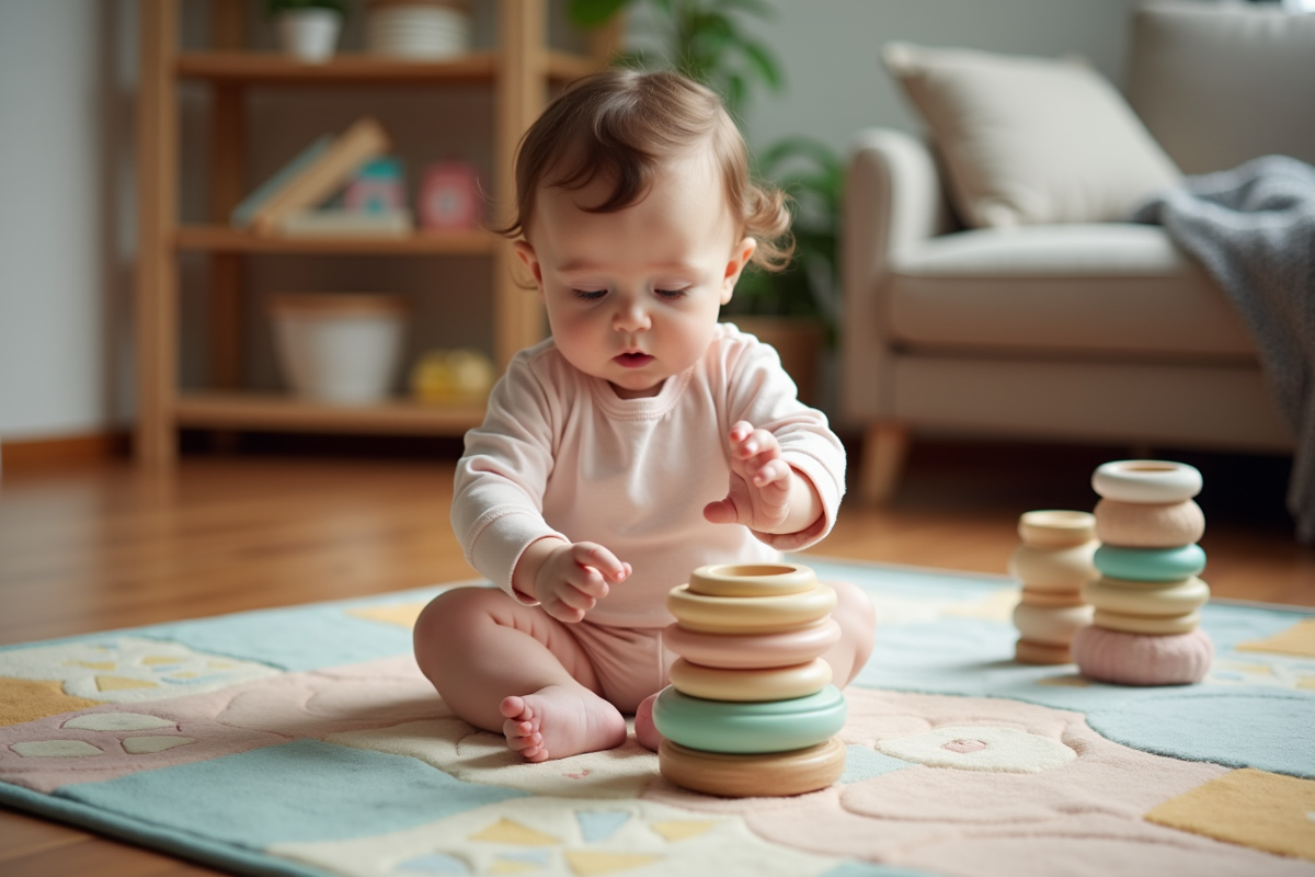 Bebe fille de 8 mois jouant avec des anneaux en peluche dans un salon chaleureux