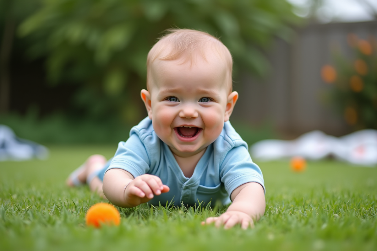Bebe garcon de 8 mois riant dans un jardin vert en plein air