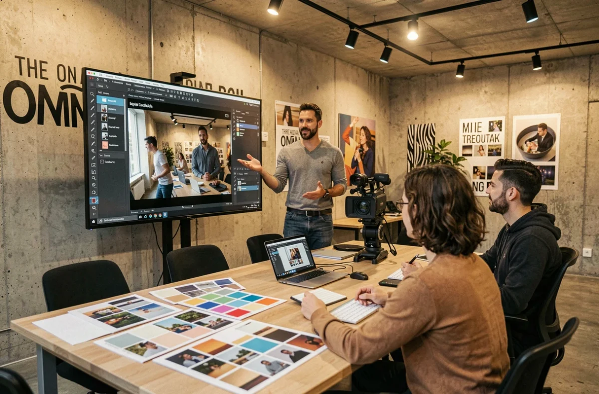Directeur créatif de Big Company supervisant une production vidéo commerciale dans un studio créatif à Lyon