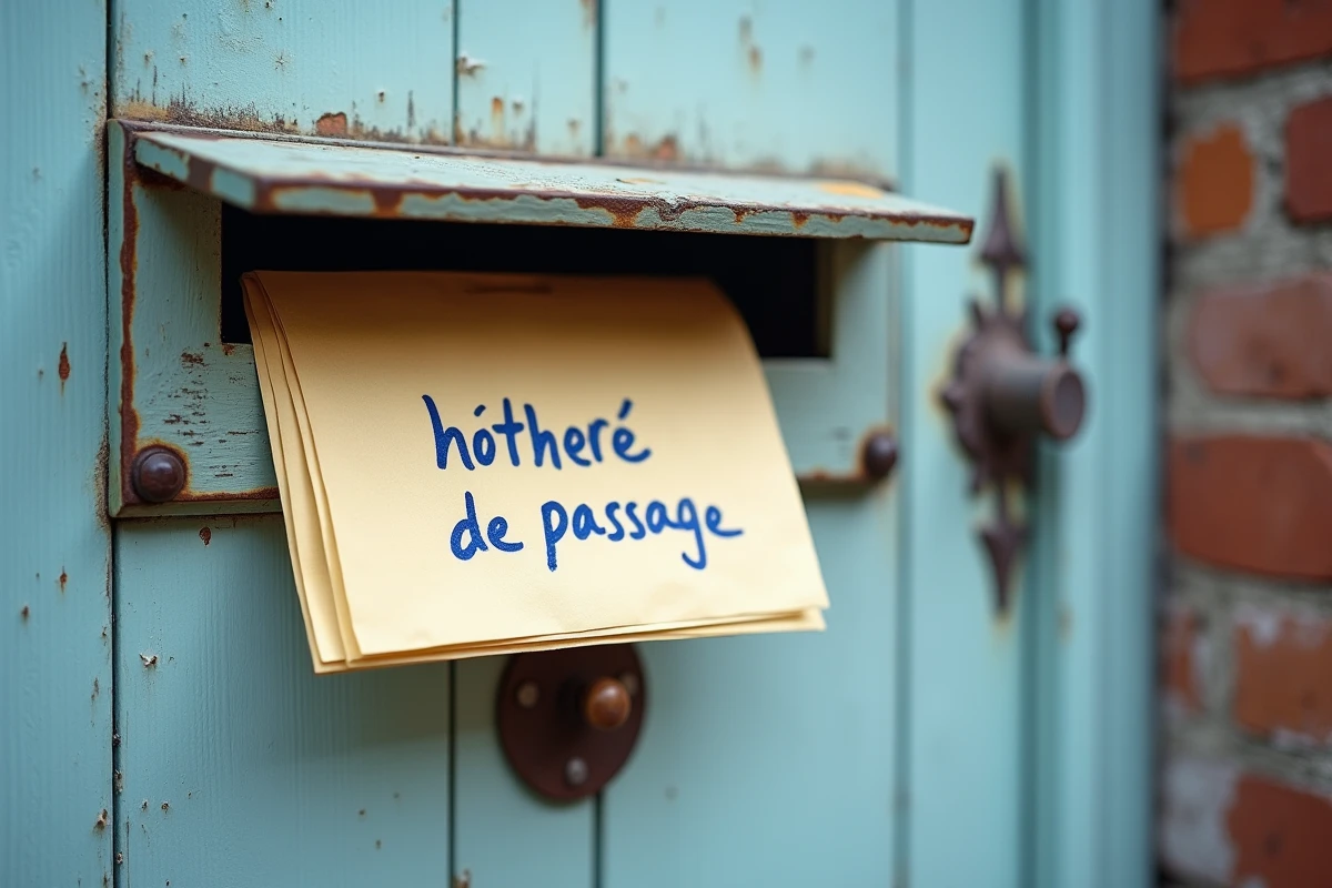 Gros plan d'une fente de boîte aux lettres ancienne avec une enveloppe La Poste et un mot manuscrit sur une porte en bois peinte