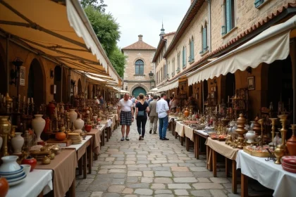 Marché aux puces en plein air sur une place de village du Cantal avec étals d'objets anciens et façades en pierre volcanique