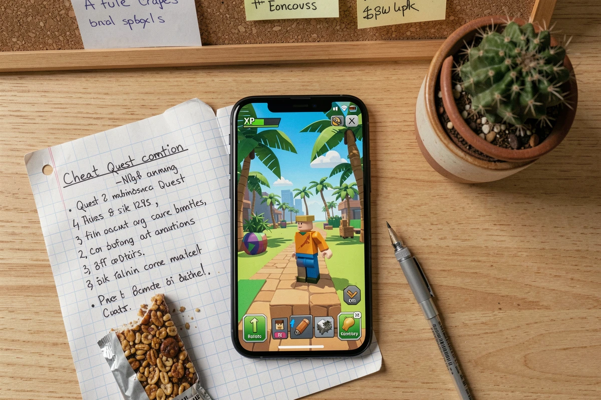 Vue aérienne d'un bureau étudiant avec smartphone affichant Blox Fruit et feuille de codes XP manuscrite