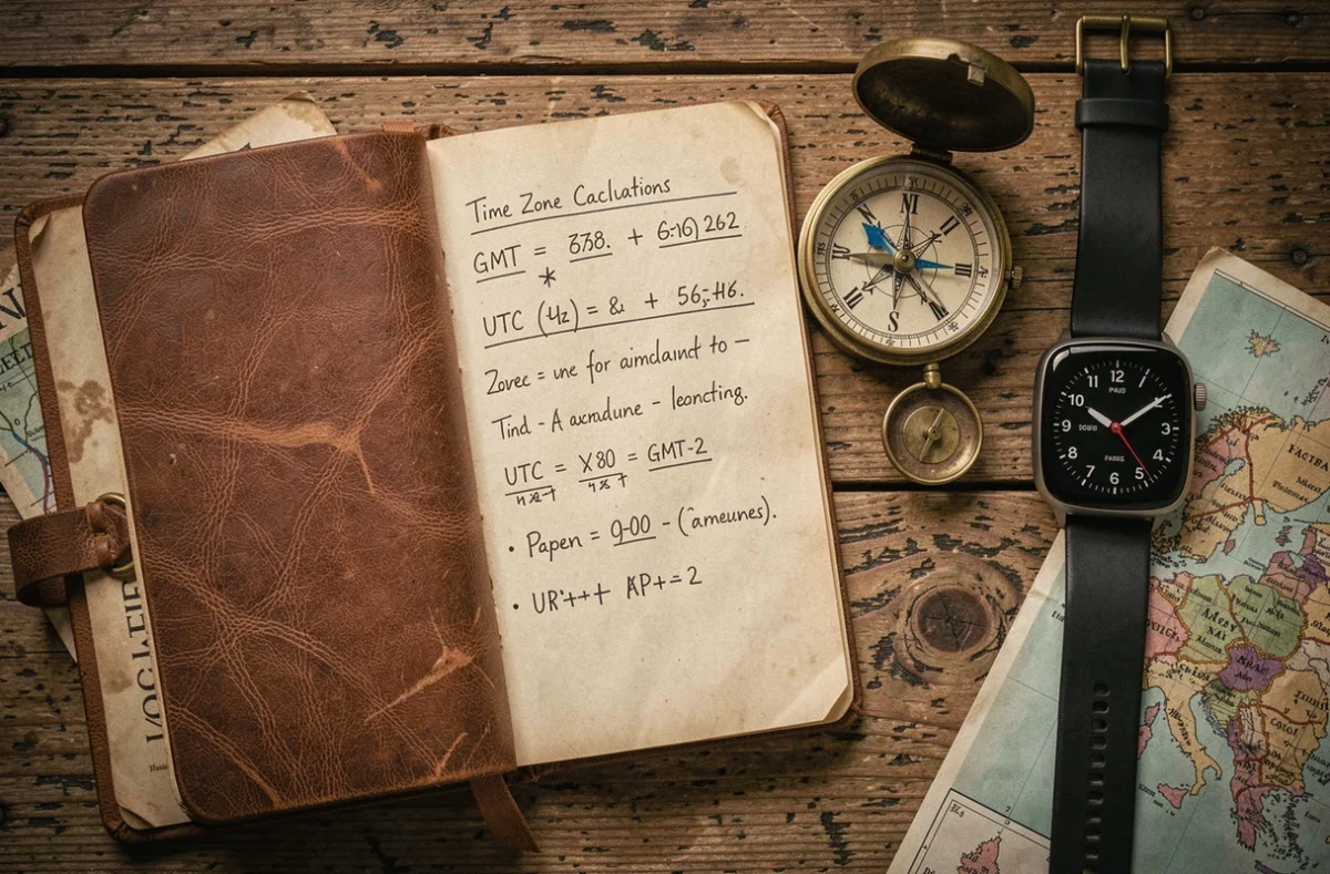 Pose à plat d'un carnet de voyage avec des notes sur les fuseaux horaires GMT, UTC et GMT+2 et une boussole vintage sur un bureau en chêne