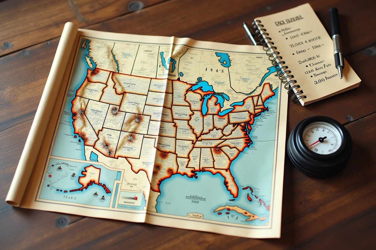 Carte routière américaine, compteur kilométrique et notes manuscrites de conversion kilomètres en miles sur une table en bois