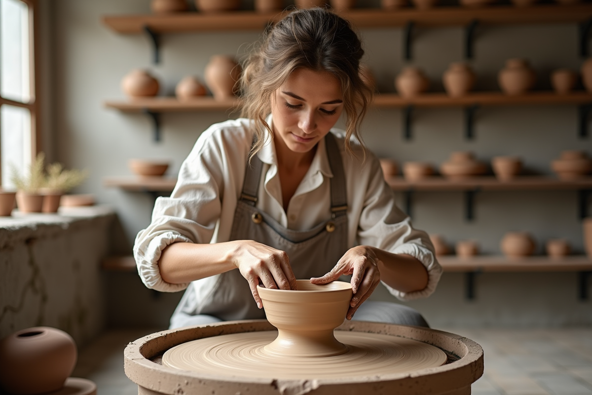 Jeune femme modelant une coupe en argile sur le tour