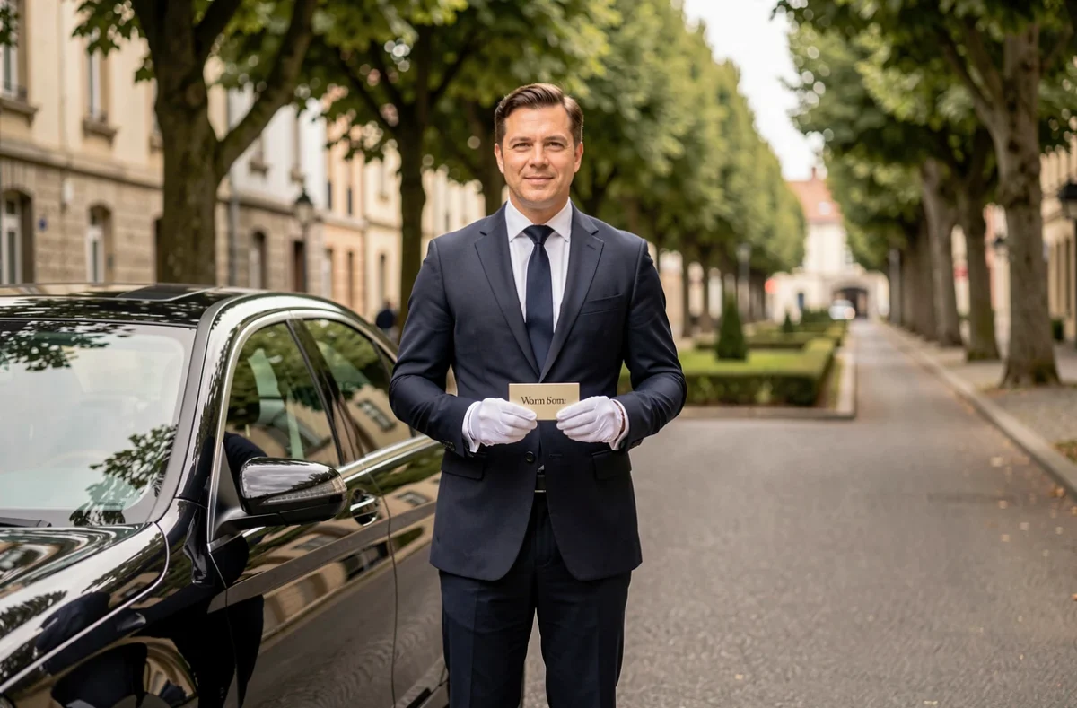 Chauffeur Privé Bannwarth en costume marine devant une Mercedes noire sur un boulevard alsacien