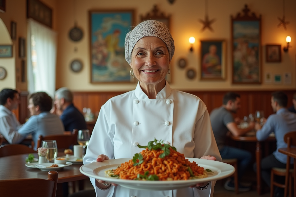Chef femme âgée présentant un plat traditionnel dans un restaurant