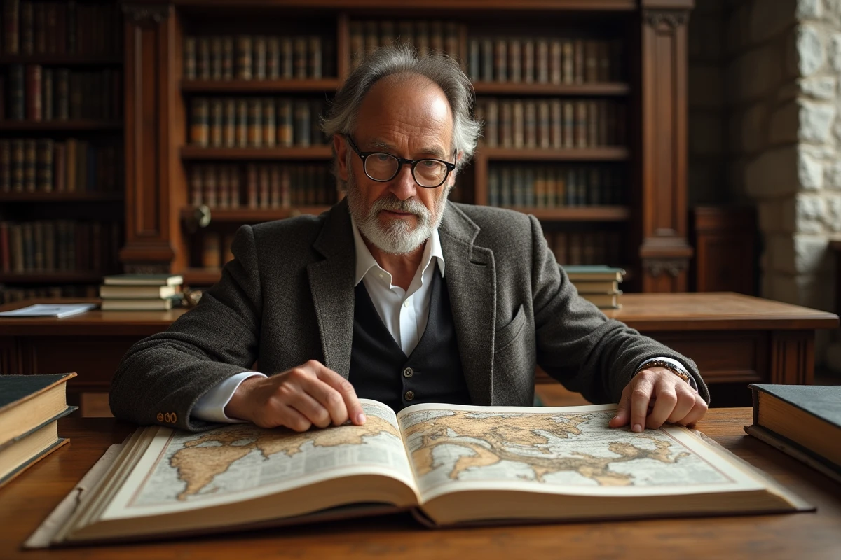 Chercheur universitaire étudiant des manuscrits illustrés sur les mythes d'Hercule dans une bibliothèque ancienne