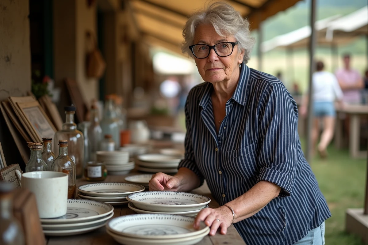 Femme examinant de la vaisselle ancienne en faïence sur un stand de brocante en Auvergne Cantal