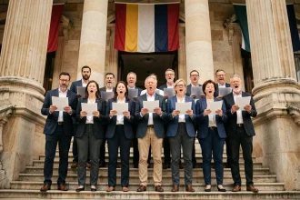 Chorale mixte chantant La Marseillaise devant un bâtiment néoclassique avec drapeaux français