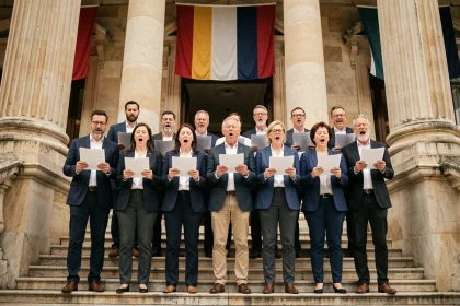 Chorale mixte chantant La Marseillaise devant un bâtiment néoclassique avec drapeaux français