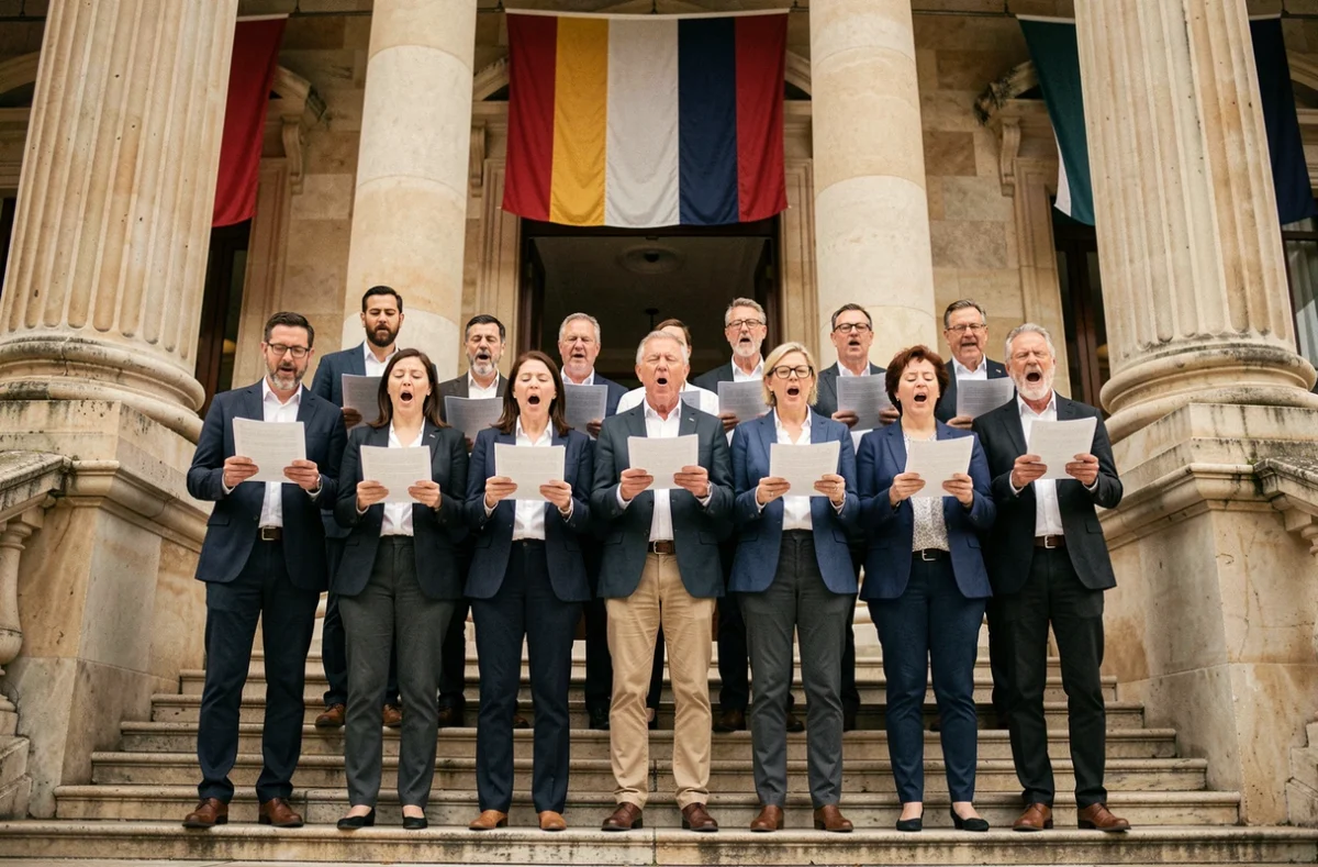 Chorale mixte chantant La Marseillaise devant un bâtiment néoclassique avec drapeaux français