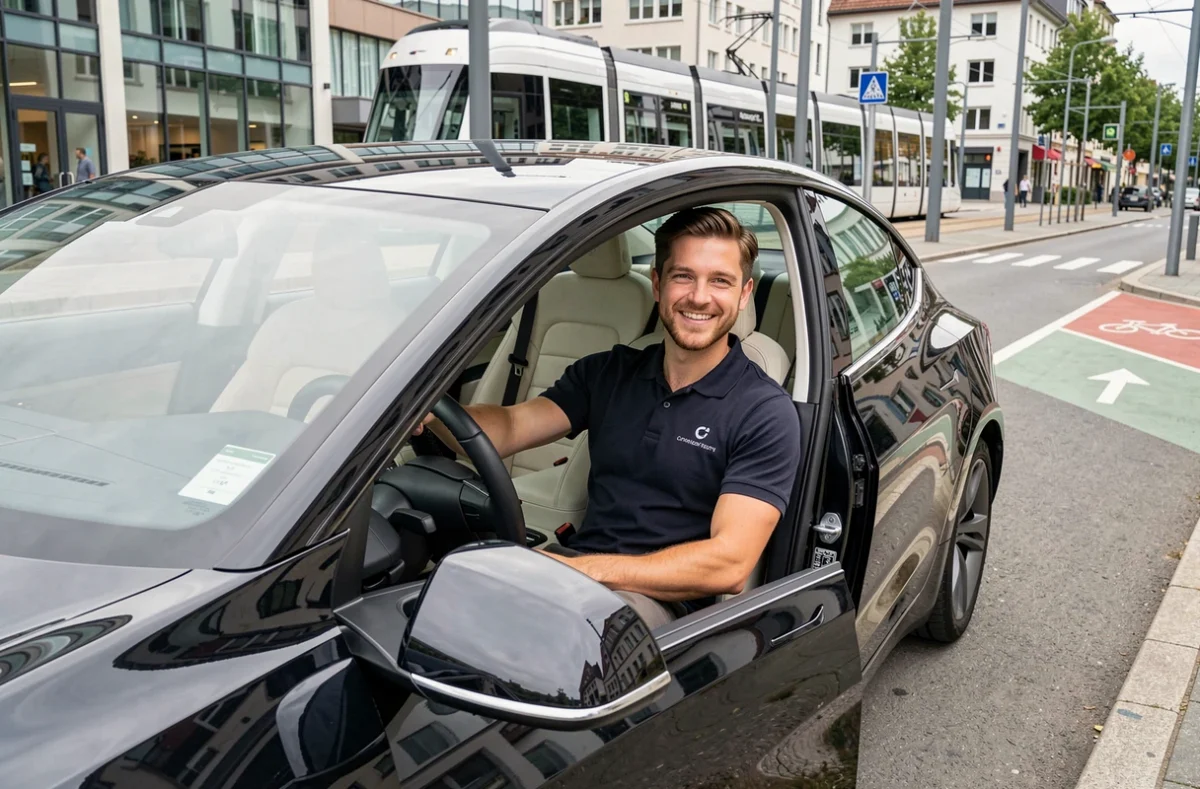 Chauffeur Clic VTC Strasbourg souriant dans une Tesla Model 3 noire garée près des tramways à Strasbourg