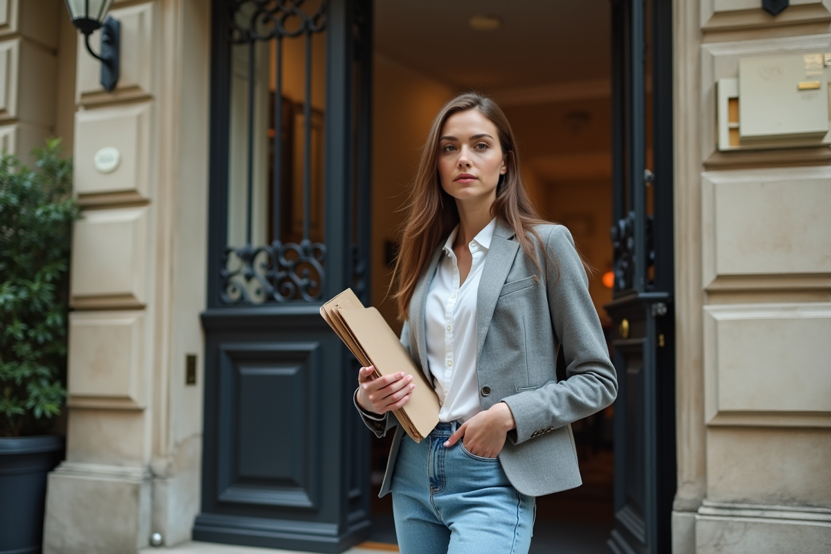 Femme avec clés d appartement devant immeuble parisien