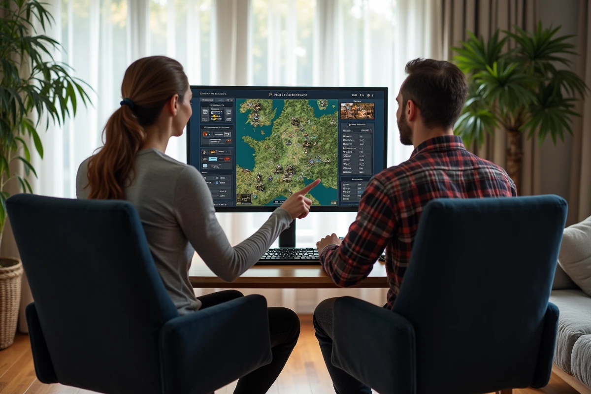 Deux joueurs adultes collaborant sur la combinaison de métiers Dofus pour optimiser les gains d'expérience