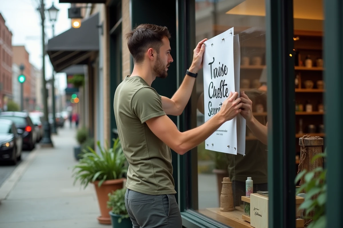 Jeune commerçant affichant une promotion artisanale sur la vitrine de sa petite boutique de quartier