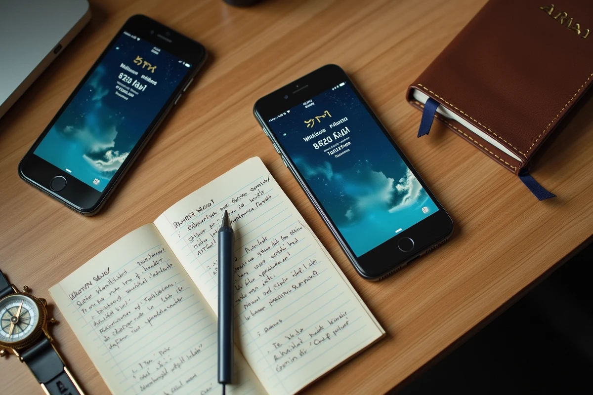Comparaison de deux applications de prière islamique sur smartphones avec notes manuscrites et boussole pour Toulouse