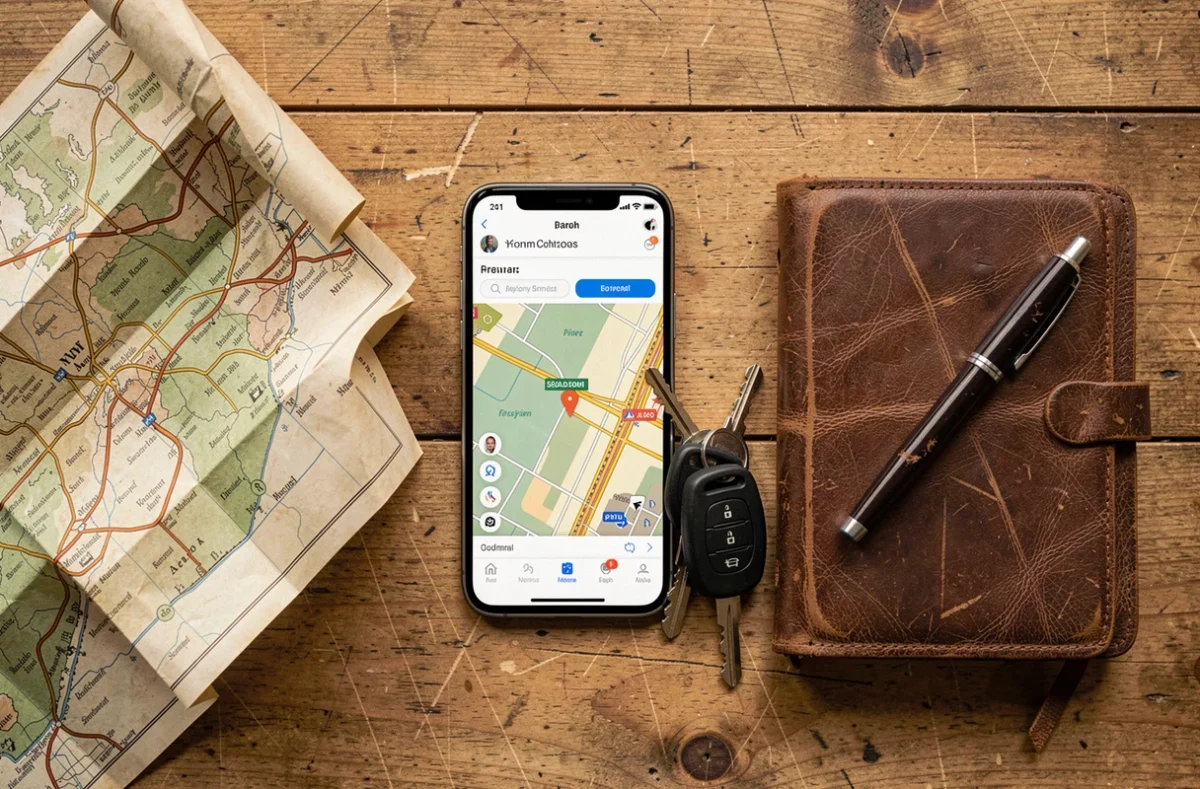 Comparaison entre carte routière papier et GPS numérique sur un bureau en bois