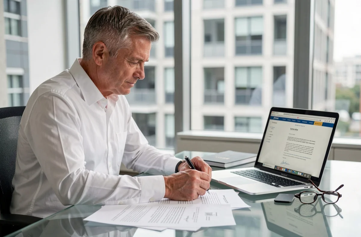 Homme d'affaires comparant des modèles de lettre recommandée juridique sur son bureau avec laptop et documents imprimés