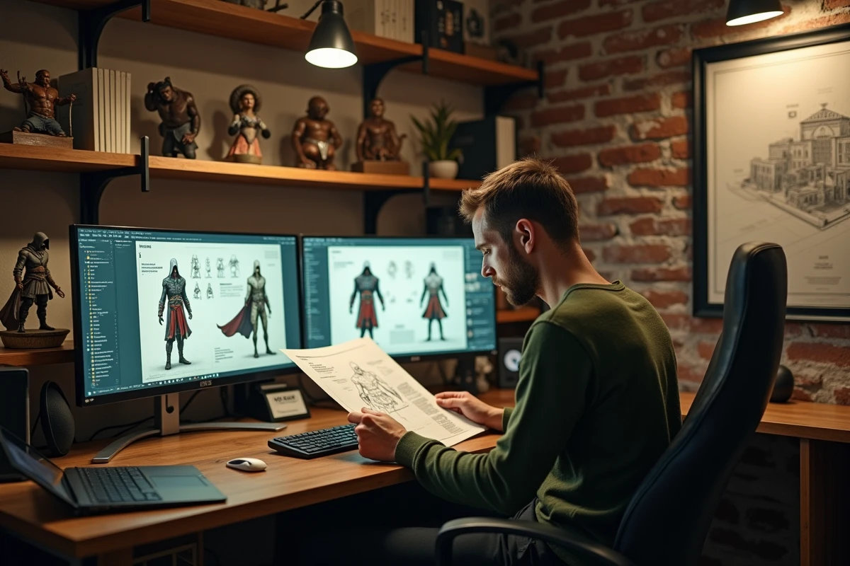 Concepteur de jeux vidéo étudiant des références visuelles inspirées d'Ezio Auditore dans un studio créatif moderne avec figurines de collection