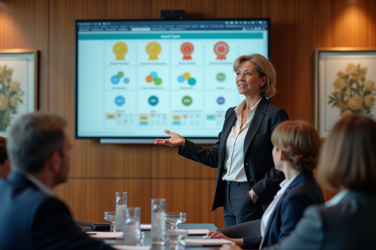 Femme conférencière expliquant la classification des actifs à un groupe